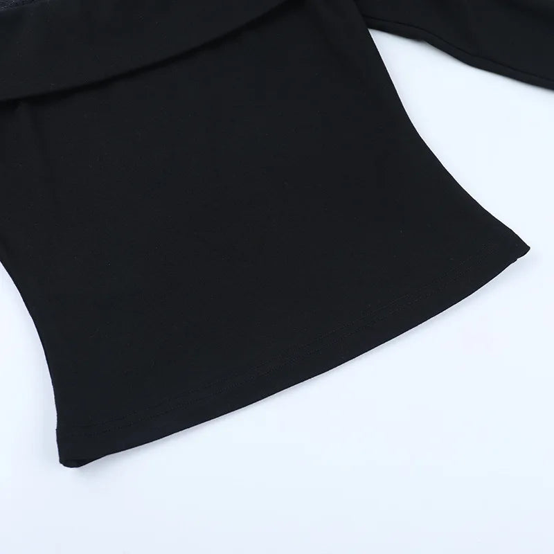 Y2K Streetwear Lace Long-Sleeve Off-Shoulder Top for Women American Style Slim-Fit Hot Girl T-Shirt Lady Spring Autumn Outfit
