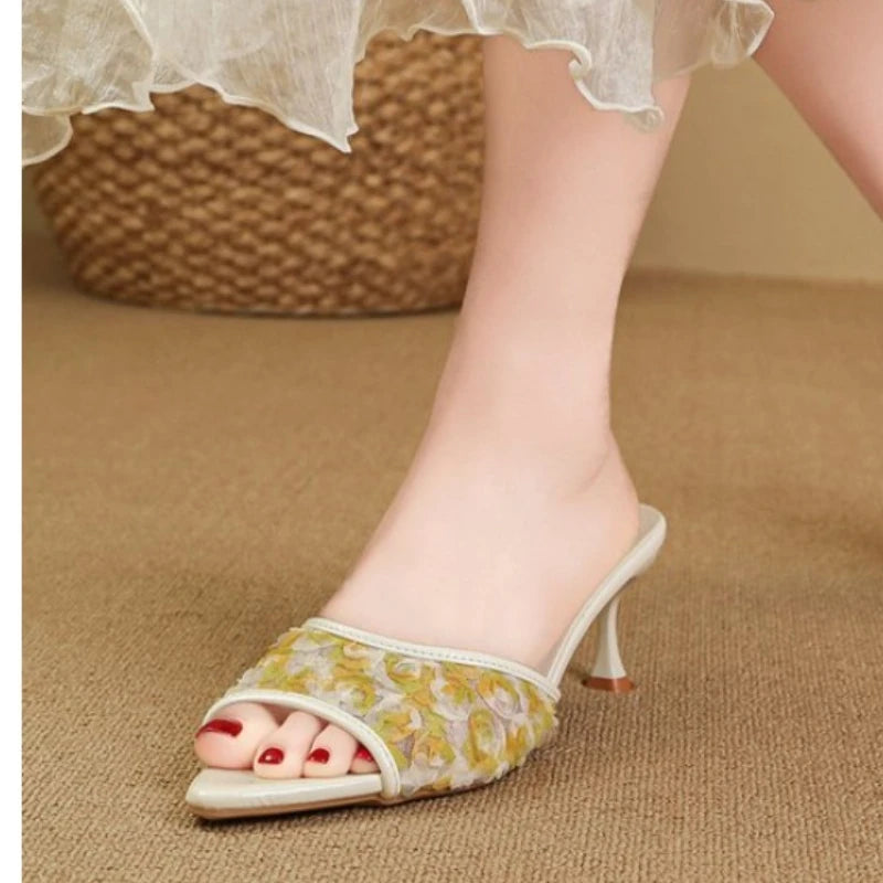 Pink Fashion High Heels Sandal Slides For Women Sexy Pointed Toe Slippers Elegant Ladies Heels Shoes