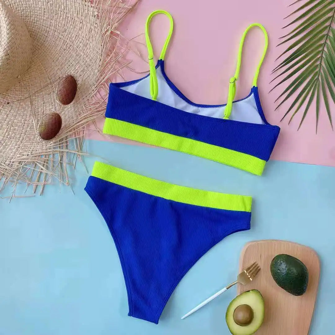 Women High Waisted Bikini Set Color Block Swimsuit 2 Piece High Cut Bathing Suit Cheeky Neon Yellow Swimwear Beach Bathing Suit