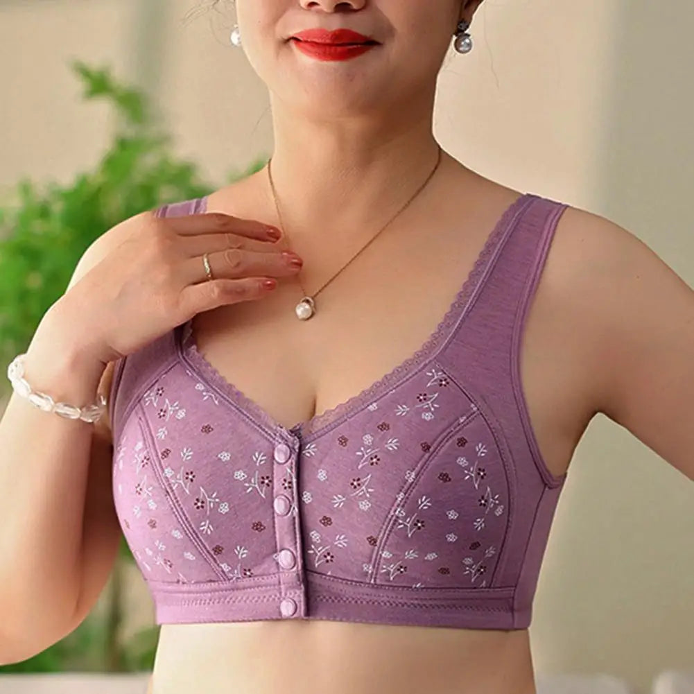Mid-aged Women Bra Elastic Lace Shoulder Strap Front Button Closure Bra Printed Shockproof Push-up Wireless Mother Bra