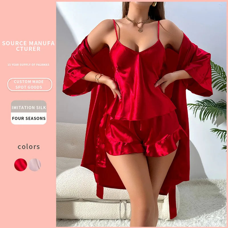 Autumn New Women's Silk Pajamas Sexy Fashion Pajamas Set and Simple Robe Three Piece Women's Loungewear