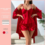 Autumn New Women's Silk Pajamas Sexy Fashion Pajamas Set and Simple Robe Three Piece Women's Loungewear