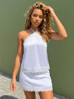 Women's Summer Satin Skirt Outfits Lace Trim Sleeveless Halter Camisole Tops with Mini Skirt 2 Piece Sets Retro Daily Date Wear