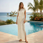 Women's Solid Color Knit Sheer Dress Summer Swim Cover Up Cap Sleeve Round Neck Sequin Dresses for Beach