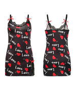 New Sexy Black Nightgown for Women Red HeartLove Print Satin Lace Trim Mini Chemise Adjustable Spaghetti Strap Lingerie