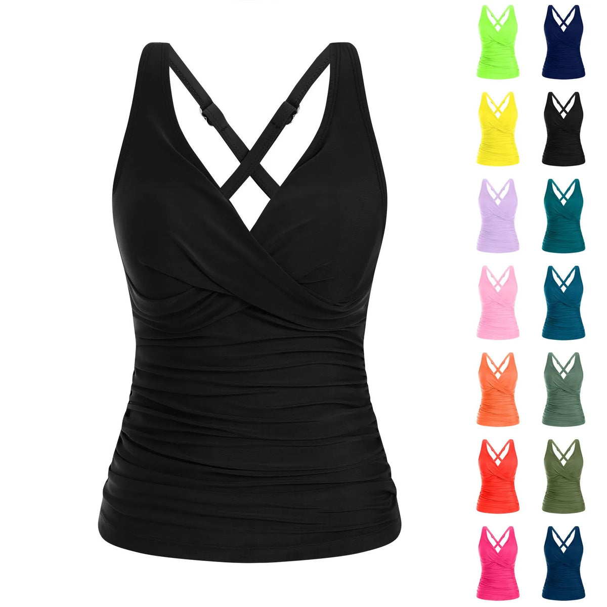 Women's Removable Padded Tankini Top V Neck Waist Defining Ruffled Separate Swimsuit Top Ruched Support Bathing Suit Swim Top