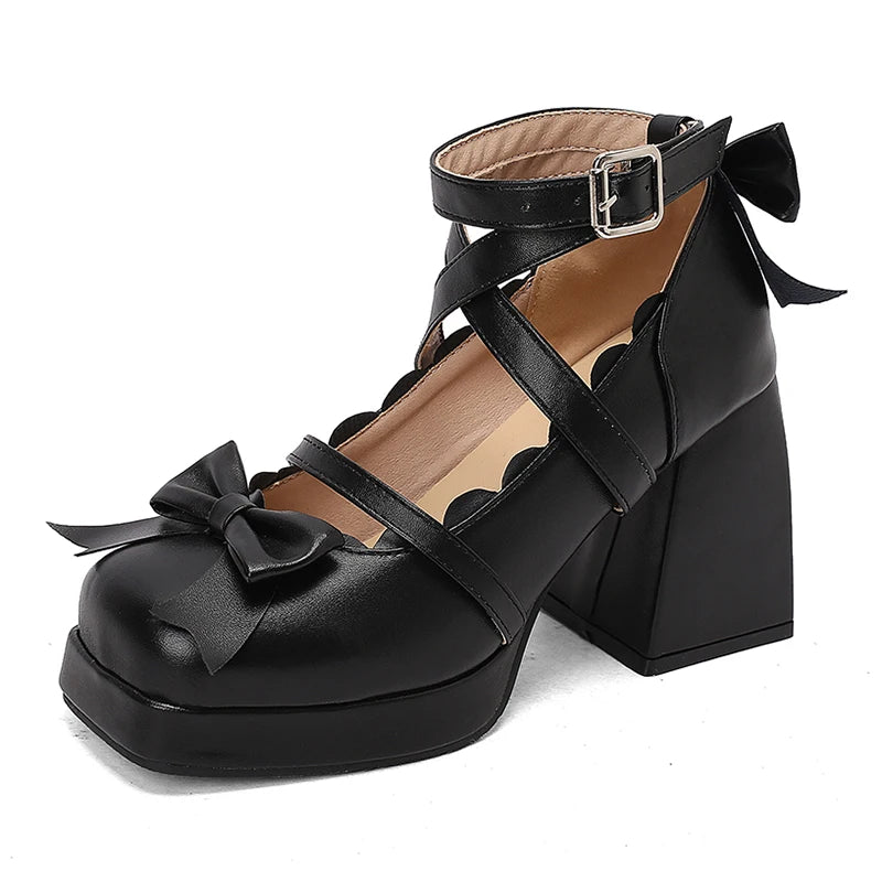 Big Size 48 Sweet Purple Mary Janes Pumps Lovely Pink Lolita 9cm Block High Heels Shoes Women Cute White Bow Knot Platform Shoes