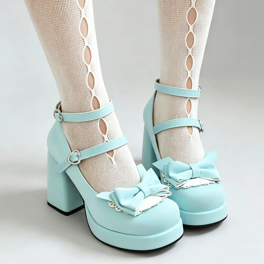 Plus Size 48 Women's Sweet Lolita Mary Jane Heels Pumps Heart Buckle Cross Ankle Strap Bow Platform 5.5cm Block Heel Goth Shoes