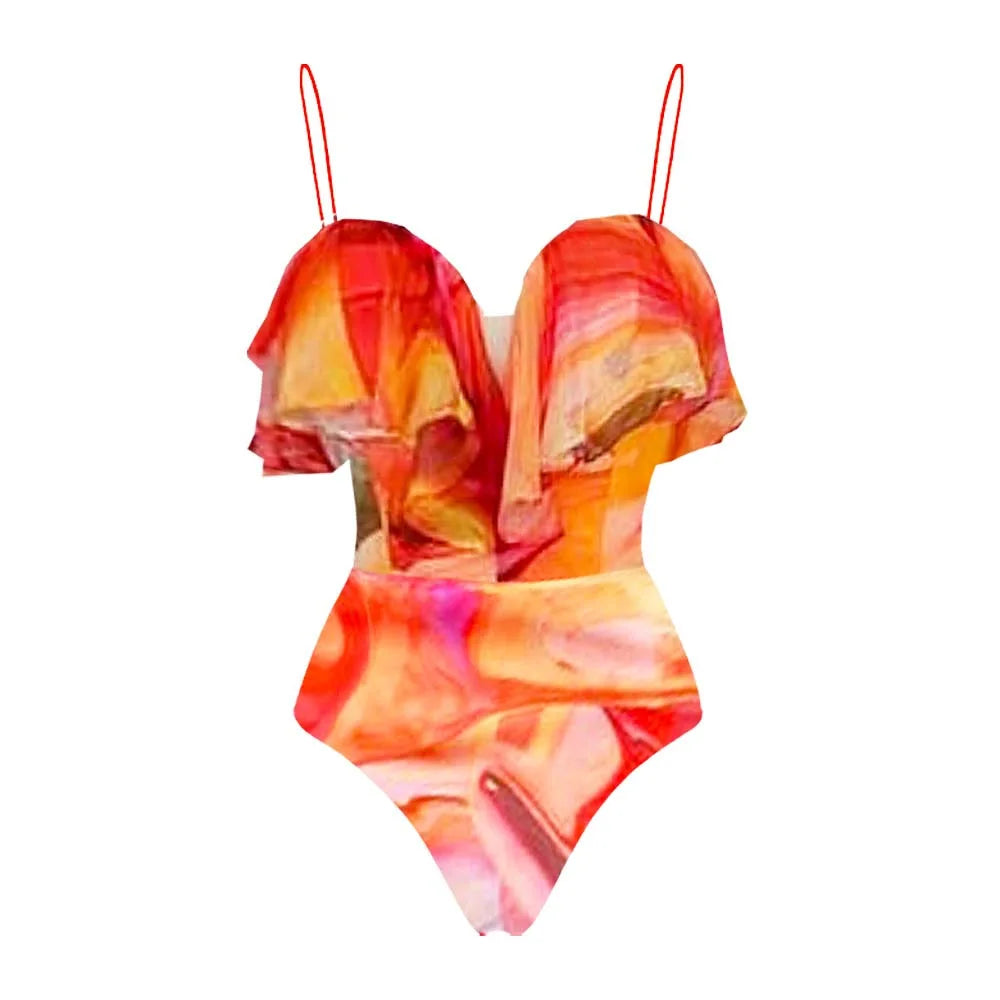Vintage Orange Gradient Swimwear Women Ruffles Pleate Skirt Sets 2026 Bandeau Push Up Padded Slim Holiday One Piece Swimsuit