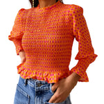 Women Fashionable Casual Round Neck Smocked Bubble 3/4 Sleeve Tops Summer Fall Plaid Print Ruffled T-shirts