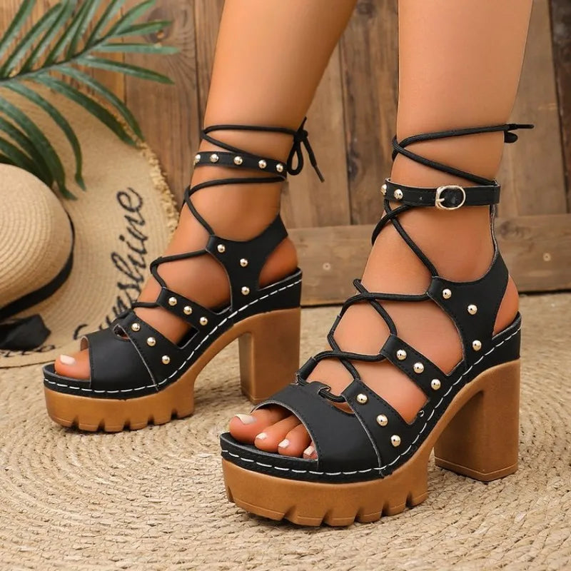 Casual Women's Sandals Open Toe Cross Strap LadiesSummer Roman Black Rivet Sandales Large Size 36-43