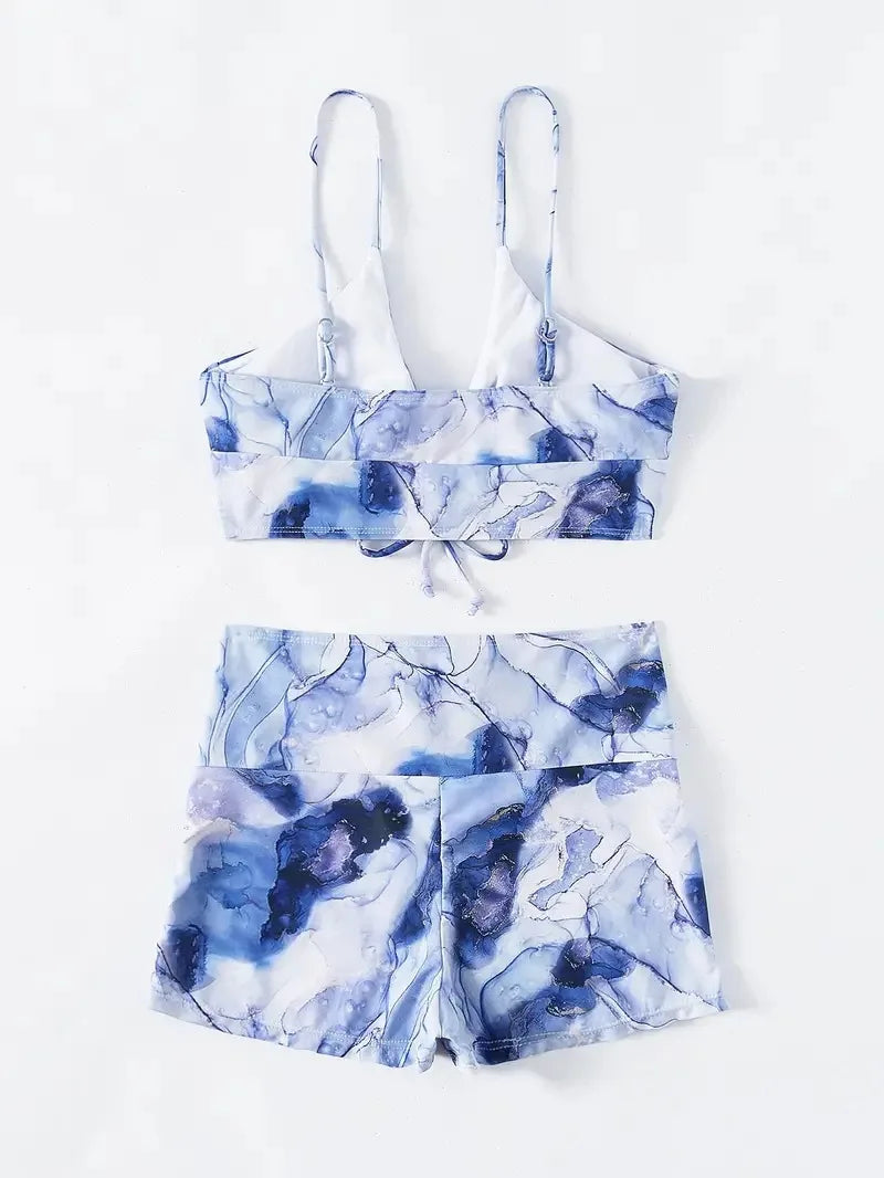 2024 Separate Swimsuit Tie Dye Print Bikini Bathing Suit Women Tankini Set Drawstring Two-Piece Suits Shorts Swimwear Female