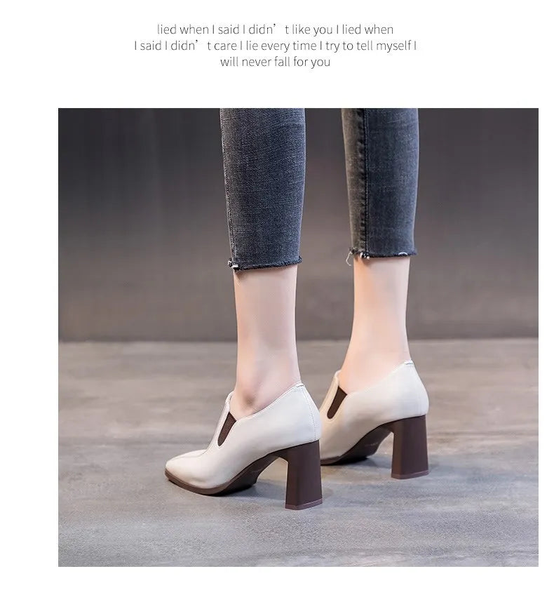 Botas Femininas Women Fashion Square Toe Chunky High Heels Ankle Boots Lady Casual Leather Autumn Short Boots Botas De Mujer
