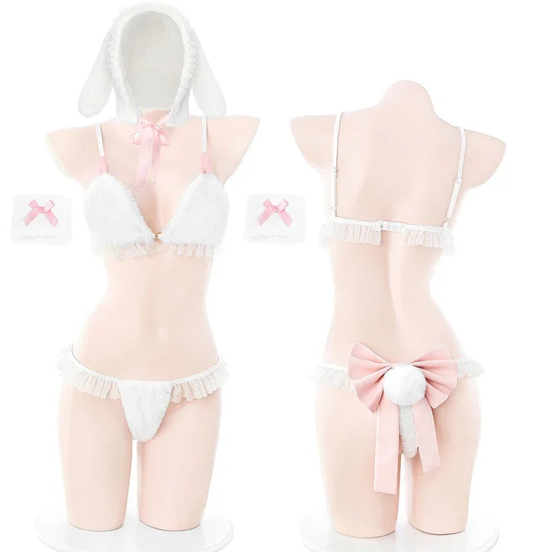 Cute Plush Snow Bunny Girl Cosplay Women Underwear Uniform Sexy Lingerie Rabbit Ear Hat Pajamas Outfits Costumes