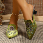 Fashion Velvet Embroidery Flower Mules Woman Elegant Shoes Pointed Closed Toe Slippers Slip on Slides Female High Heels Sandals