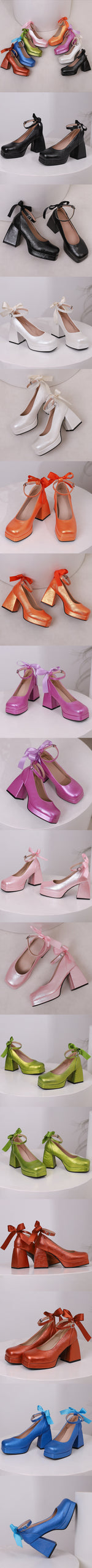 Big Size 48 Sweet y2k Pink Mary Janes Pumps Blue Ribbon Knot Block High Heels Shoes Women White Party Wedding Platform Shoes
