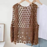 Women Summer Vest Hollow Out Retro Knitted Crochet Sleeveless Loose Open Stitch Thin Cardigan Daily Outwear Coat Top