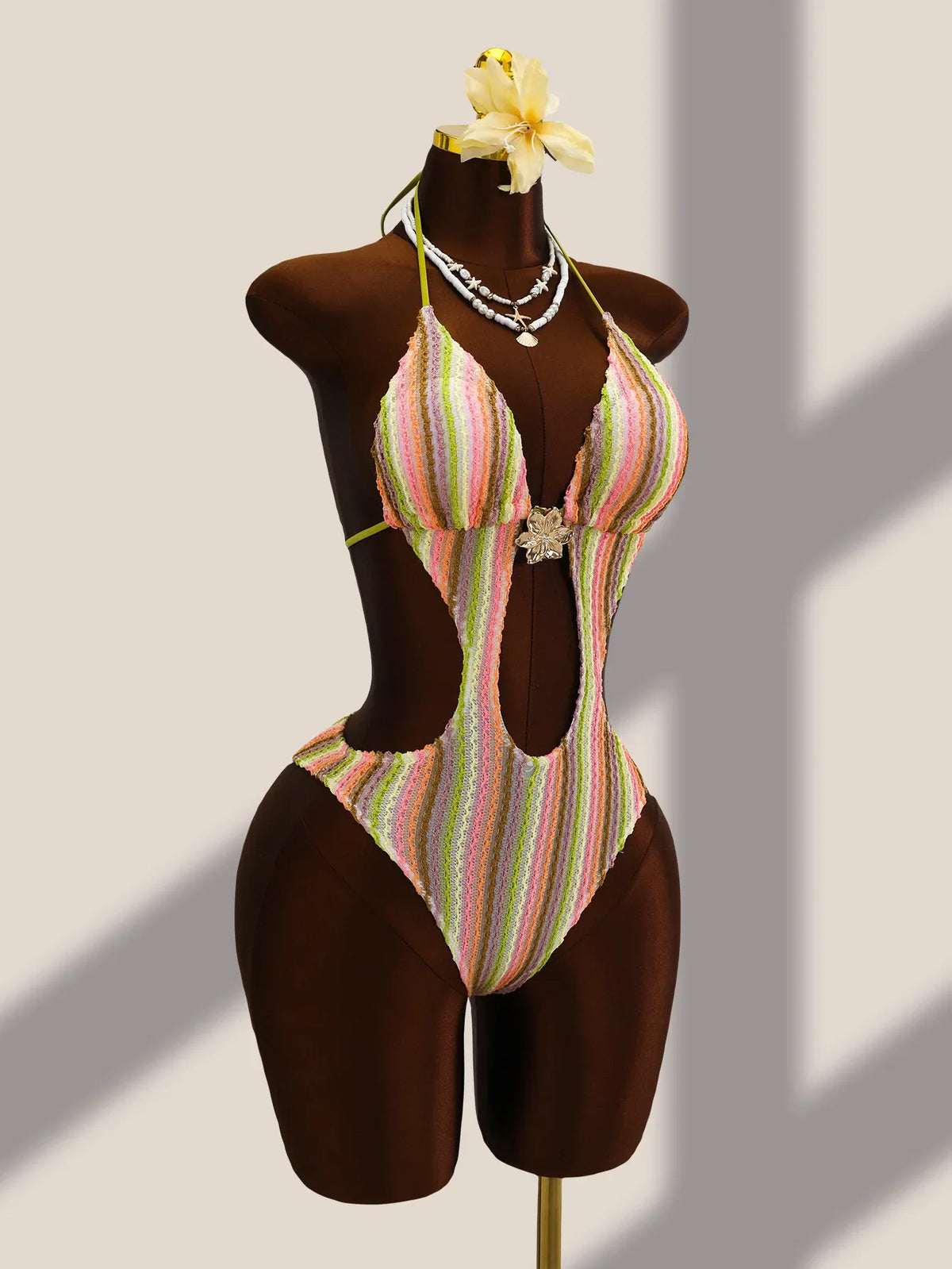 Vintage Black Striped One Piece Swimwear Women 2026 3D Metal Flower Hollow Out Backless Beach Holiday Bathing Suit Swimsuit