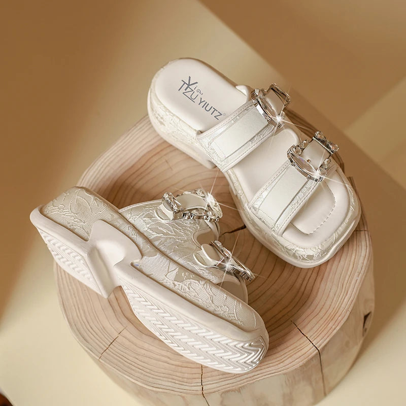 Luxury Rhinestone Thick Bottom Sandals Women 2026 New Silk Satin Embroidery High Heel Sandals Woman Summer Thick Heeled Slippers