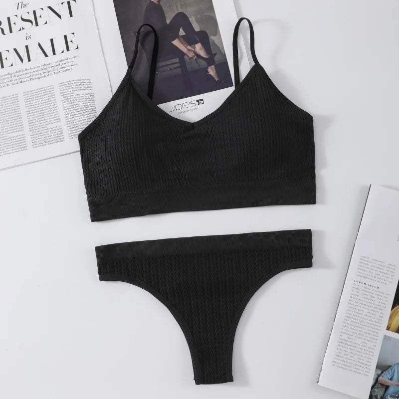Women Seamless Bra Panties Set Push-Up Non-wire Bralette Low-Rise Briefs Sexy Lingerie Female Comfort Rib Sports Underwear Set