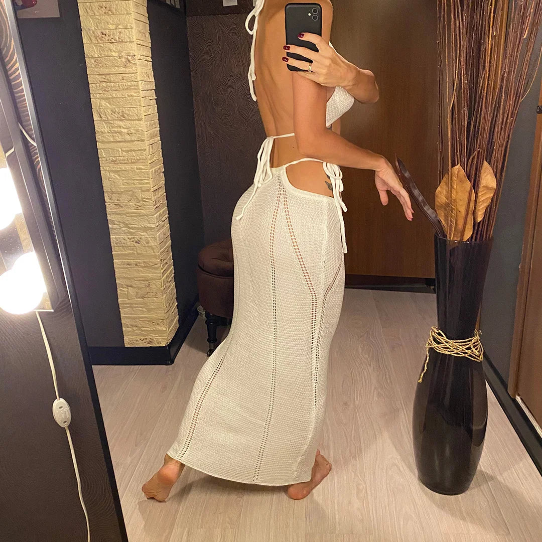 2PCS Set Sexy With Top Halter Crochet Knitted Dress Tunic Beach Cover Up Cover-ups Beach Dress Beachwear Female Women V4885W