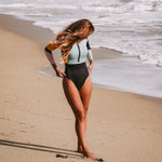 Tengweng Women's Swimwear 2024 Long Sleeved Zipper Round Neck Surfing Suit Color Blocked One-piece High Waisted Women's Swimsuit