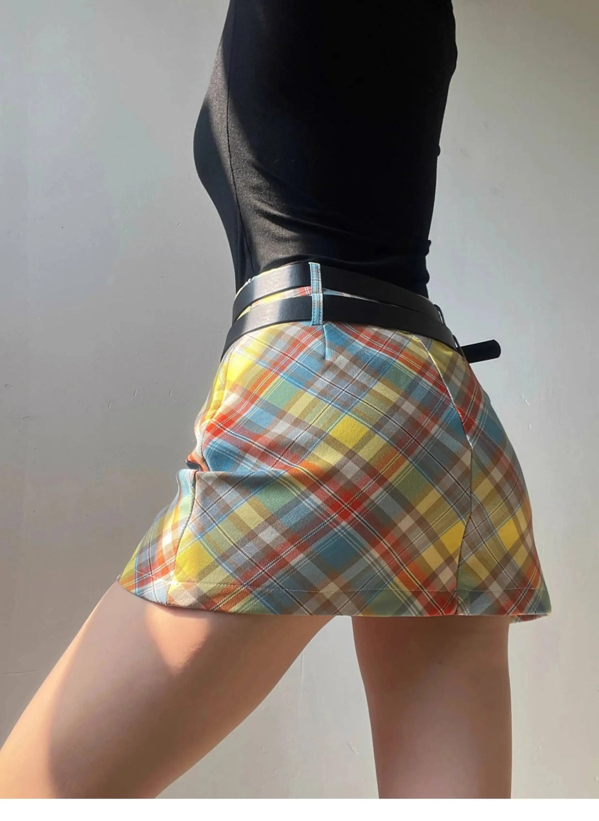 Plaid Double Waistband A-line Short SkirtWomen American Style Street High Waist Casual Collision Color Wrap Hip Skirt OJR7