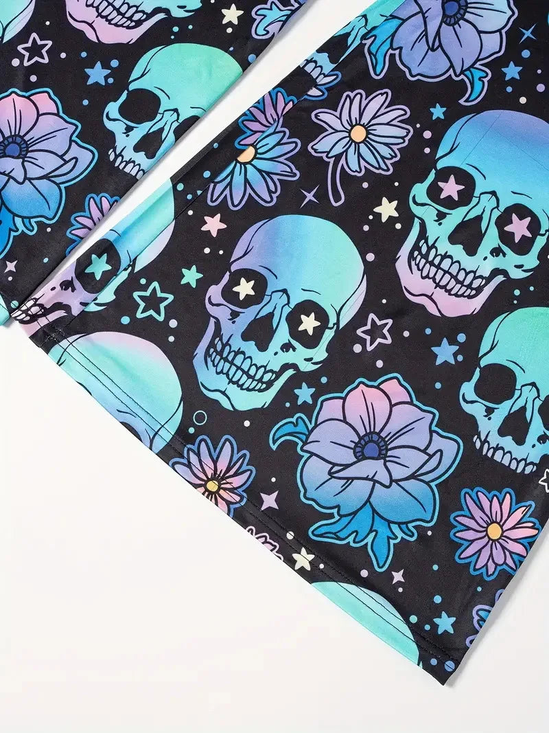 Hallowmas Skull Flower Print Pants Woman 2025 Plus Size Elastic Waist Wide Leg Pant Casual Large Full-length Trousers