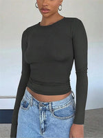 Basic Long Sleeve Crop Top for Women Spring Autumn Winter Round Neck Slim Fit Solid Color T-shirt Streetwear Tee Top