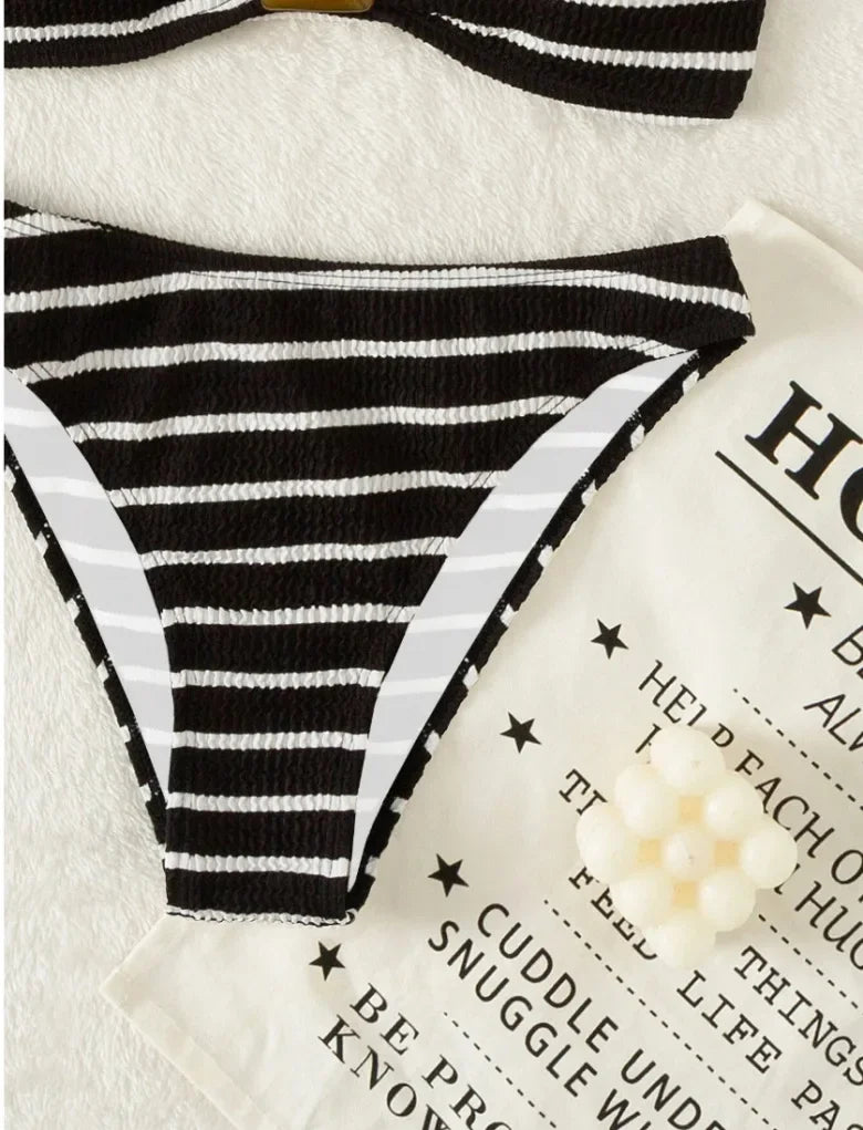 Blue Striped Bikini 2025 Brazilian Biquini Bandeau Two Pieces Swimsuit Women Thong Bathing Suit Swimwear Female Summer Beachwear