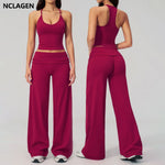 NCLAGEN Women Sportwear 2 Piece Yoga Set Pilates Tank Top Wide-leg Trousers Workout Gym Clothes Fitness Suit Speed Activewear