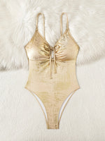 Sexy Brozing Gold One Piece Swimwear Women 2026 Front Drawstring Tie Slim Tummy Control Holiday Bathing Suit Swimsuit Monokini