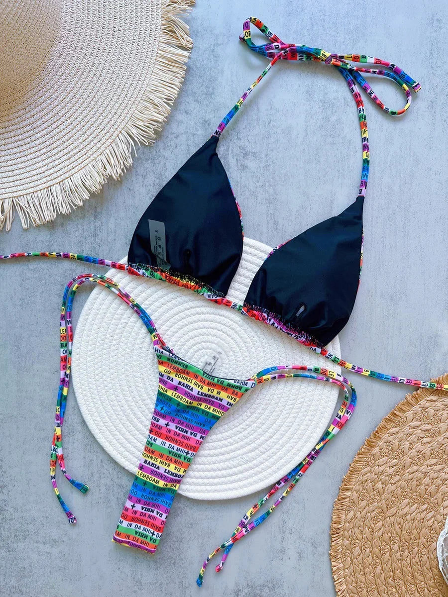 Letters Print Colorful Micro Mini Thong Bikini 2026 Women Swimwear Female Swimsuit Two-pieces Bikini Set Bathing Suit Swim Lady