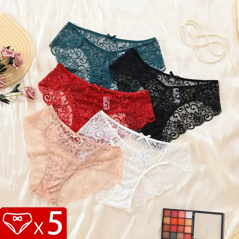 5pcs Sexy Lace Women's Panties Bow Decor Comfortable Breathable Lady Briefs Elegant Sexy Lingerie Solid Fashion Female Underwear