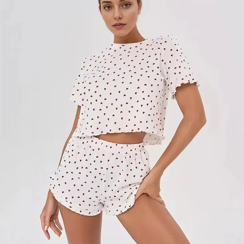 Womens Cute Heart Print Pajama Set Two Piece Short Sleeve Crop Top Ruffle Shorts Sleepwear Loungewear Casual Summer Nightwear 