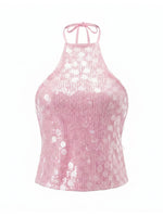 Women’s Backless Sequin Vest Summer Slim Fit Halter Tank Tops Summer Club Party Sexy Sleeveless Shirts Streetwear