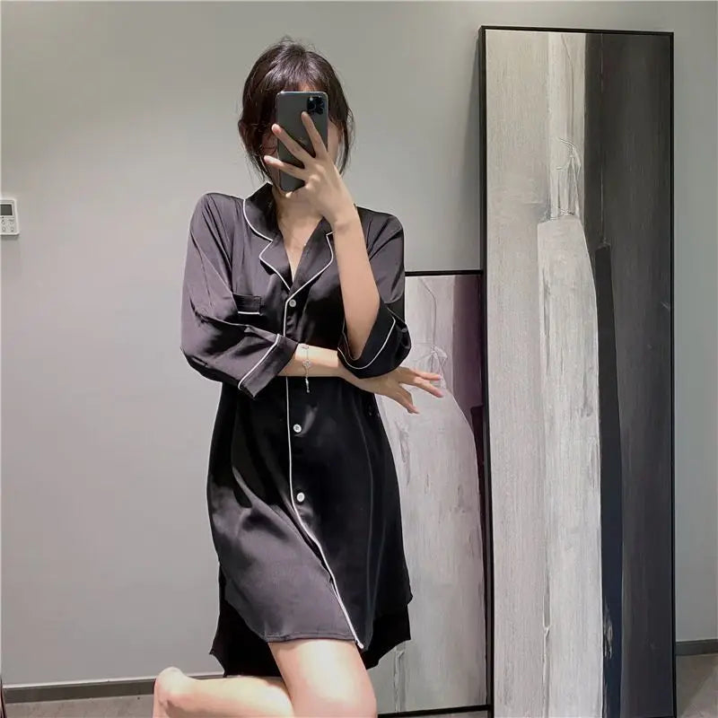 Women's NightgownSilk Sexy Pajamas Women's Sexy Pajamas Shirt Nightgown Silk Homewear Spring and Autumn Dresses