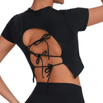 Yoga Short Sleeved T-shirt Women Hollow Back Bandage Tie Cross Sports Tank Top with Chest Gym Running Active Wear Fitness Shirts