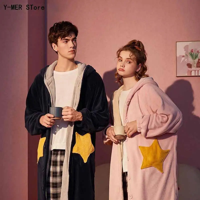 Unisex Men Women Warm Loungewear Dressing Gown Winter Thickened Coral Fleece Kimono Bathrobe with Star Pockets