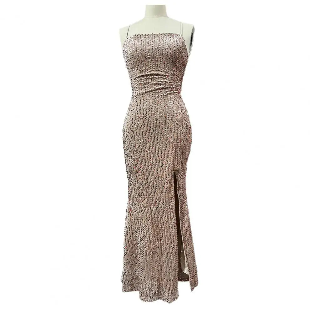 Women's Sparkly Sequin Long Formal Dress Square Neck Backless Split Mermaid Prom Dress Spaghetti Strap Evening Party Gown