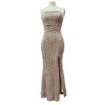 Women's Sparkly Sequin Long Formal Dress Square Neck Backless Split Mermaid Prom Dress Spaghetti Strap Evening Party Gown