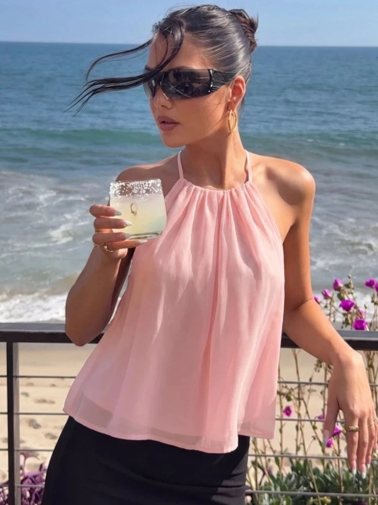 FDYOUI Women's Halter Off Shoulder Camisoles 2026 Summer Sexy Lace-up Backless Pink Tank Top Girls Loose Solid Tops Streetwear