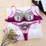 Sweet and cool leopard print patchwork lace lingerie set - Hot girl style mesh embroidered half-cup bra thong set ZA825120