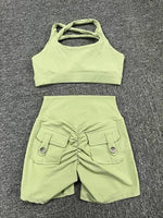 Seamless Yoga Sets Sports Fitness Peach Hip-lifting Pocket Shorts Cross Beauty Back Vest Suits Workout Gym Shorts Sets for Women