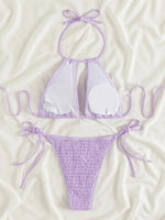 2025 Halter Tie Side Hollow Out Smocked Bikini Women Swimsuit Female Swimwear Two Pieces Bikini Set Swim Bathing Suit Beach Wear