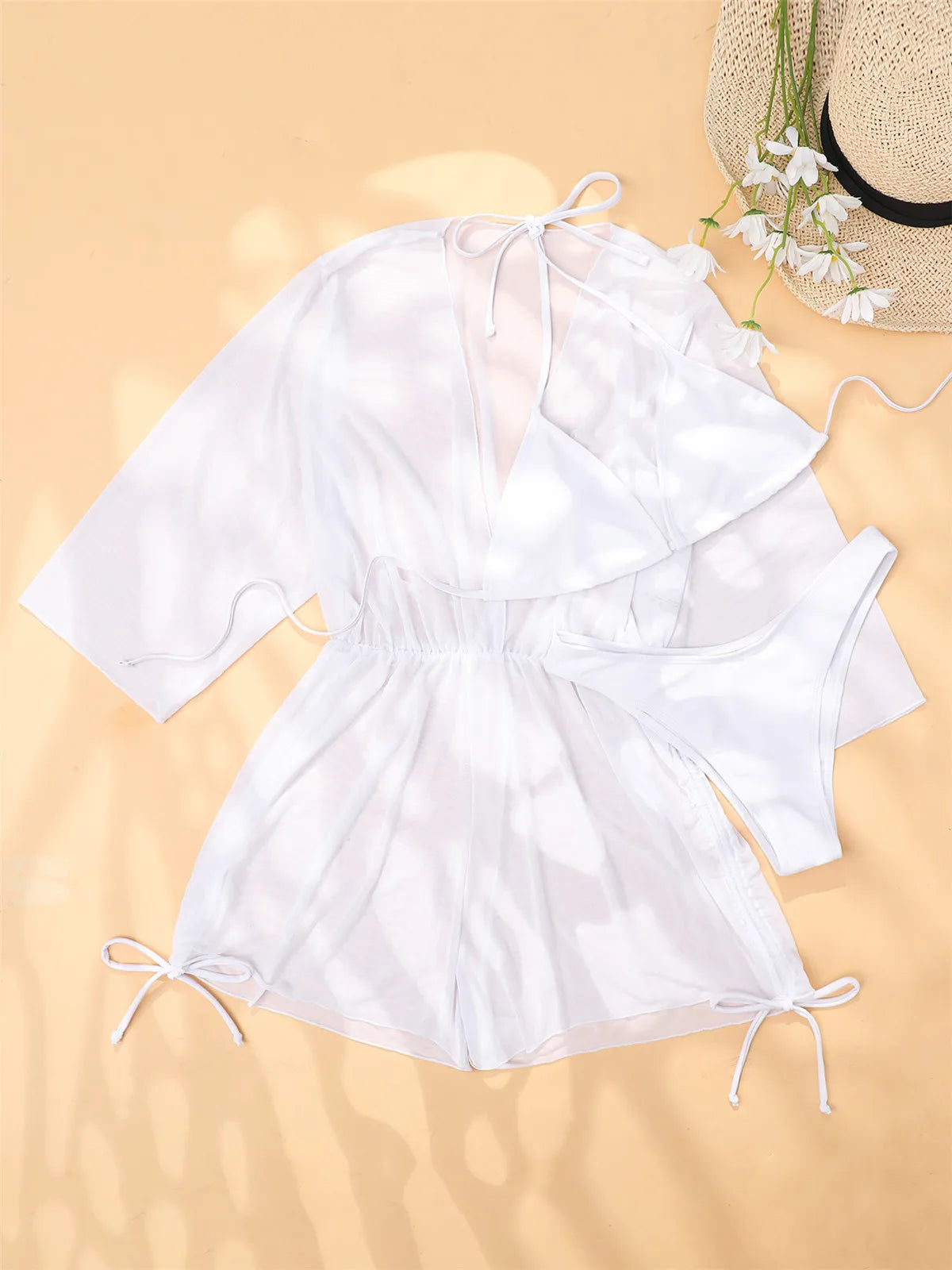 Sexy Long Sleeves Cover Up Bikini Set Women White Black Push Up Mesh Dress 3 Piece Swimsuit Bathing Suit Thong Swimwear 2026