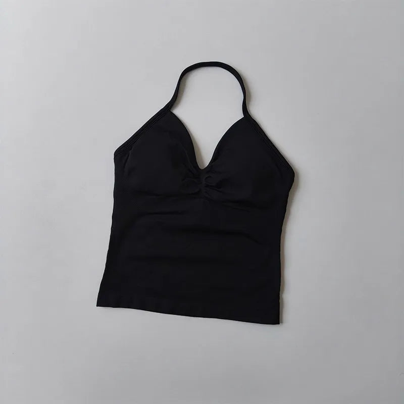 Women's Backless Yoga Sports Vest Neck Hanging Sexy Fitness Pilates Tight Long Top Gathered Sports Bra for Yoga