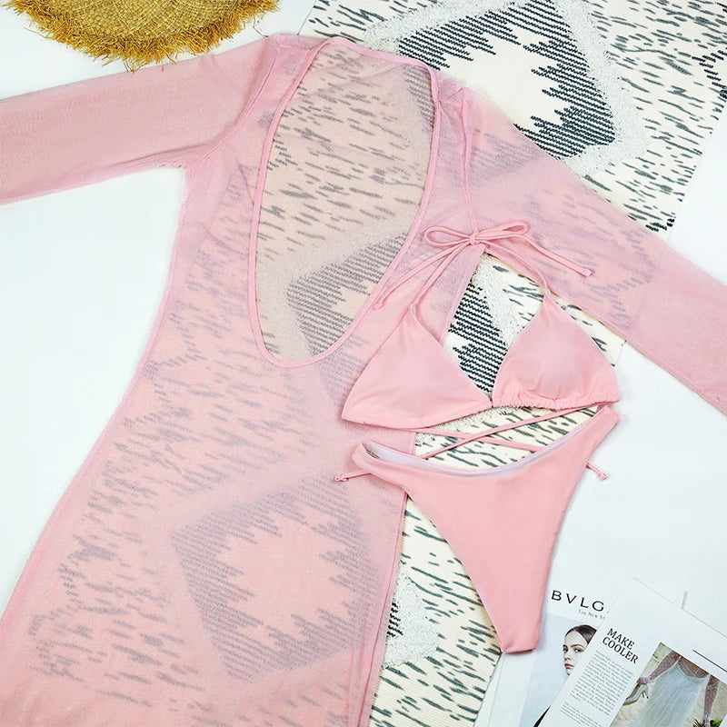 Sexy Solid 3 Piece Micro Bikinis Women Swimsuit 2025 New Swimwear With Long Sleeve Bathing Suit Beachwear Biquini Female
