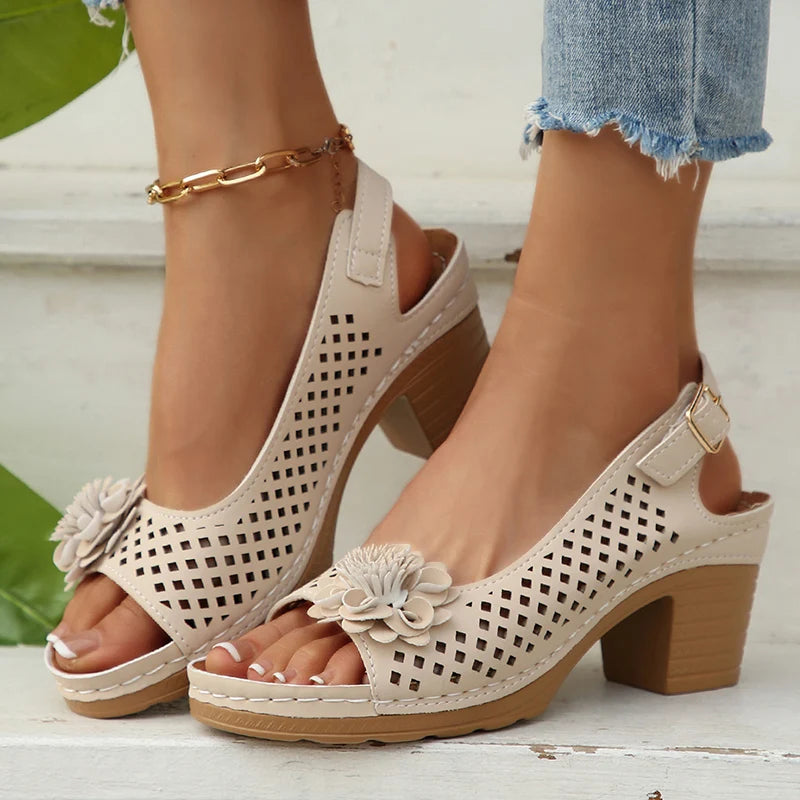 Fashion Flowers High Heels Sandals Women Back Strap Hollow Out Summer Sandles Woman 2025 Plus Size Thick Heeled Sandalias Mujer