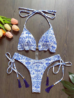 2026 New Women's Swimsuit Neck Hanging Bikini Set Split Beach Swimsuit 2-piece Set with Tassel Decoration
